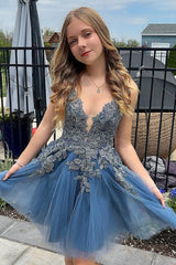 Grey Blue A Line Spaghetti Straps Light Purple Short Homecoming Dress/Mini Dress with Appliques