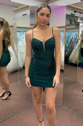 Sparkly Dark Green Corset Beaded Tight Short Homecoming Dress/Mini Dress