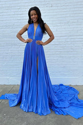 Metallic Blue Pleated Long Prom Dress with Halter Neck and Slit in A-Line Style