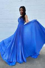 Metallic Blue Pleated Long Prom Dress with Halter Neck and Slit in A-Line Style
