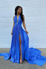 Metallic Blue Pleated Long Prom Dress with Halter Neck and Slit in A-Line Style