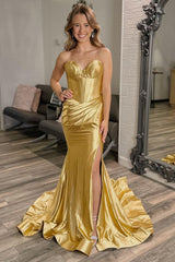 Long Satin Mermaid Prom Dress in Golden Sweetheart with Front Split