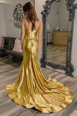 Long Satin Mermaid Prom Dress in Golden Sweetheart with Front Split