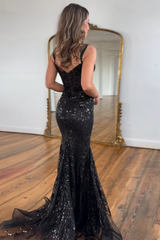 Off-the-Shoulder Long Corset Prom Dress in Black Sequins with Mermaid Silhouette and Slit