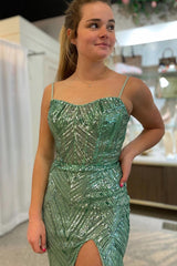 Long Mermaid Prom Dress with Sparkly Green Sequins and Spaghetti Straps Featuring a Slit