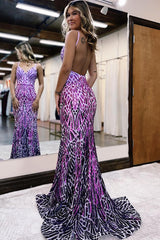 Long Mermaid Prom Dress with Fuchsia Sequins and Sparkly Spaghetti Straps