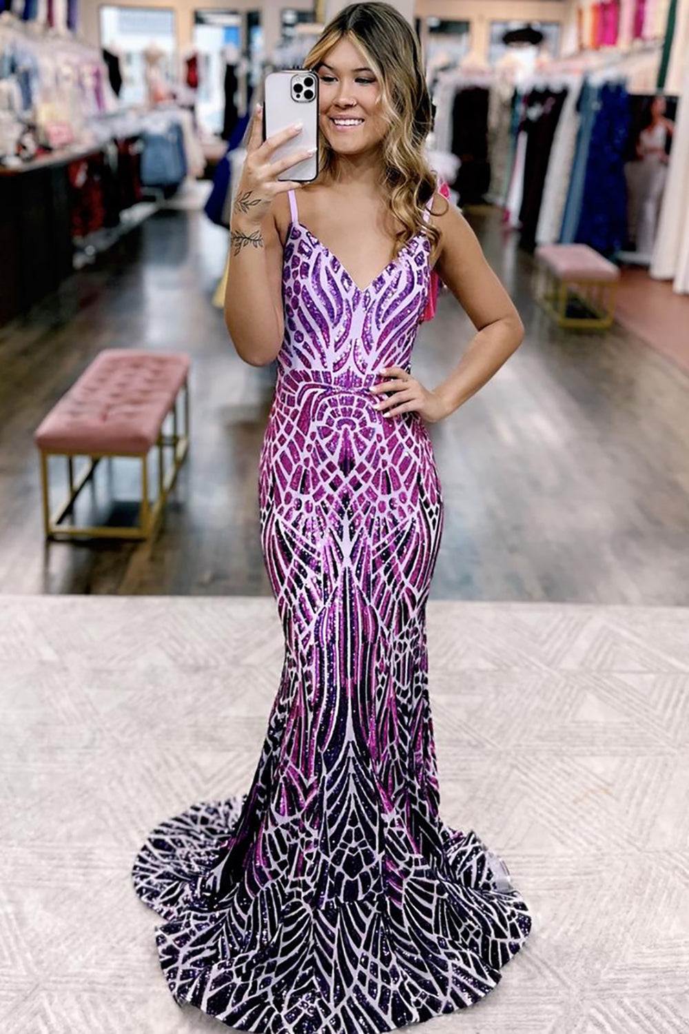 Long Mermaid Prom Dress with Fuchsia Sequins and Sparkly Spaghetti Straps
