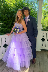 Long Prom Dress with Lilac Princess Spaghetti Straps and Tiered Tulle Appliques