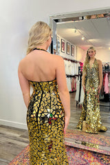 Golden Sparkle Mermaid Prom Dress with Halter Neck and Back Cutout