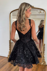 Sparkly A-Line Black Tiered Short Homecoming Dress/Mini Dress with Lace