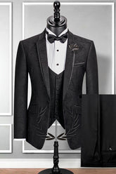 Chic Black Slim Fit Notched Lapel Jacquard Wedding Suit for Men