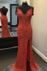 Red Sequined Long Prom Dress with Front Split and Off-the-Shoulder Sheath