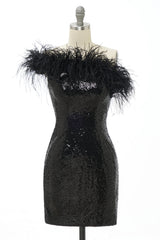 Black One Shoulder Sequins Short Homecoming Dress/Mini Dress with Feathers