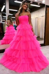 Hot Pink Long A-Line Prom Dress with Ruffled Straps