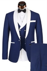 Elegant Three-Piece Banding Blue Men's Suit for Wedding with White Lapel Edge