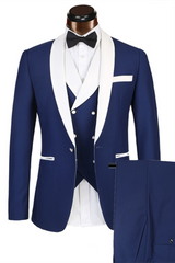 Elegant Three-Piece Banding Blue Men's Suit for Wedding with White Lapel Edge