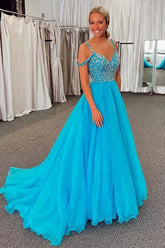 Long Cold Shoulder Prom Dress in Sparkly Blue with Beading A-Line Style