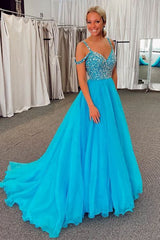 Long Cold Shoulder Prom Dress in Sparkly Blue with Beading A-Line Style