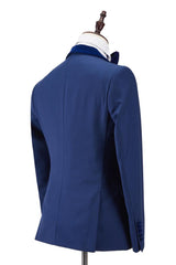 Stylish Royal Blue Stitching Velvet One-Button Shawl Lapel Suits for Wedding Party