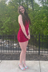 Sparkly Burgundy Sequins One Shoulder Tight Short Homecoming Dress/Mini Dress