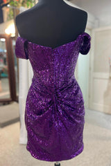 Sparkly Grape Detachable Off the Shoulder Sequins Tight Homecoming Dress/Mini Dress