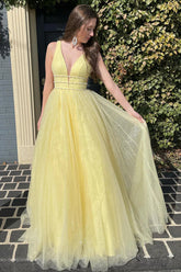 Long Yellow Beaded A-Line Prom Dress with Glitter Tulle