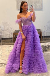 Long A-Line Corset Prom Dress in Purple with Off-Shoulder Tulle Tiers and Feather