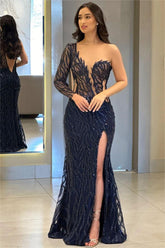 One Shoulder One Long Sleeve Backless Mermaid Split Formal Dress With Appliques