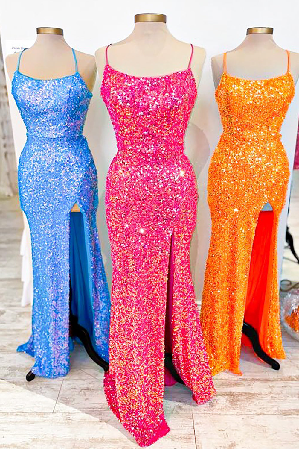 Fuchsia Sequins Long Prom Dress with Bling Sheath and Spaghetti Straps Front Split