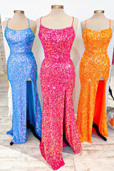 Fuchsia Sequins Long Prom Dress with Bling Sheath and Spaghetti Straps Front Split