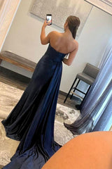Long Navy Blue Prom Dress with Front Split and A-Line Silhouette by Sweethaert