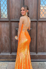 Long Prom Dress with Sparkly Orange Sequins in Mermaid Style
