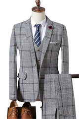 Formal Slim Fit Plaid Notched Lapel Business Men's Suits