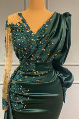 V Neck Long Sleeves Formal Dress Beading Dark Green Formal With Lace Appliques