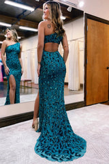 Mermaid One Shoulder Long Prom Dress in Sparkly Peacock Blue Sequins with Slit