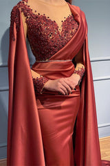 Rust Long Sleeves Beads Mermaid Appliques Evening Dress With Ruffles