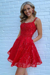 Sparkly Red Sequins A-Line Short Homecoming Dress/Mini Dress with Pockets