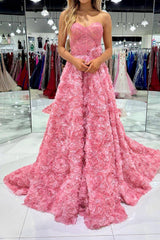 Long Blush Prom Dress with 3D Flowers in a Sweetheart A-Line Style