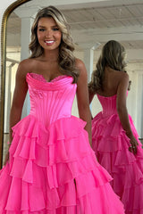 Sweetheart A Line Long Chiffon Prom Dress in Fuchsia with Tiered Corset and Slit