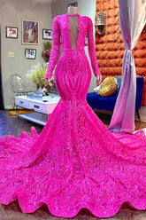 Charming Pink Long Sleeves Sweep Evening Dress