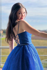 Royal Blue Long Prom Dress with Spaghetti Straps and Beading in an A-Line Cut