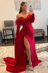 Feathered Long Red Prom Dress