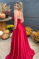 Satin Spaghetti-Strap Red Prom Dress with A-Line Cut and Slit