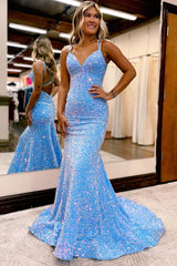 Long Backless Prom Dress with Sparkly Blue Mermaid Sequins