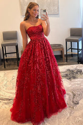 Long Red Strapless Prom Dress in A-Line Style