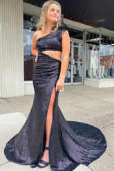 Black Sequined Long Prom Dress with Mermaid Cut and One Shoulder