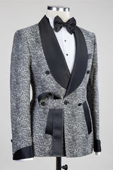 Khalil Gray Black Lapel Jacquard Wedding Men's Suits with Double-Breasted