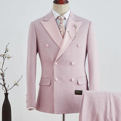 Simple Pink Double-Breasted Marriage Suit with Plaid Peaked Lapel