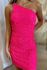 Sparkly Fuchsia Sequins One Shoulder Sleeveless Tight Short Homecoming Dress/Mini Dress
