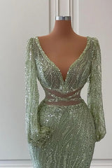 Light Green Long Sleeves V-Neck Evening Dress Mermaid With Sequins Beads